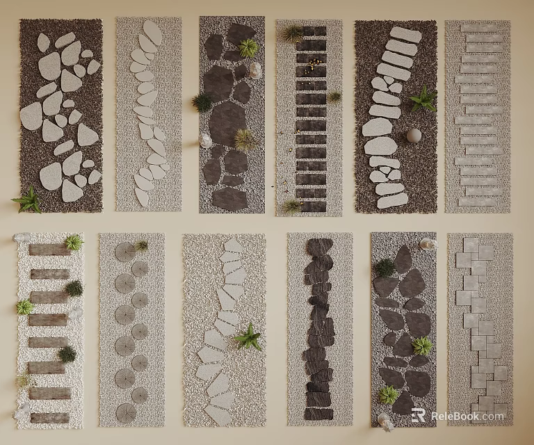Various Stepping Stones Path Designs With Different Stone Shapes And Small Plants 3d model 