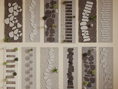Various Stepping Stones Path Designs With Different Stone Shapes And Small Plants 3d model