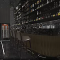 Modern Bar Interior with Metallic Counter Bar Stools and Wine Racks Full of Bottles