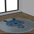 Cute Blue Cartoon Rabbit Design Round Carpet On Wooden Floor With White Blinds