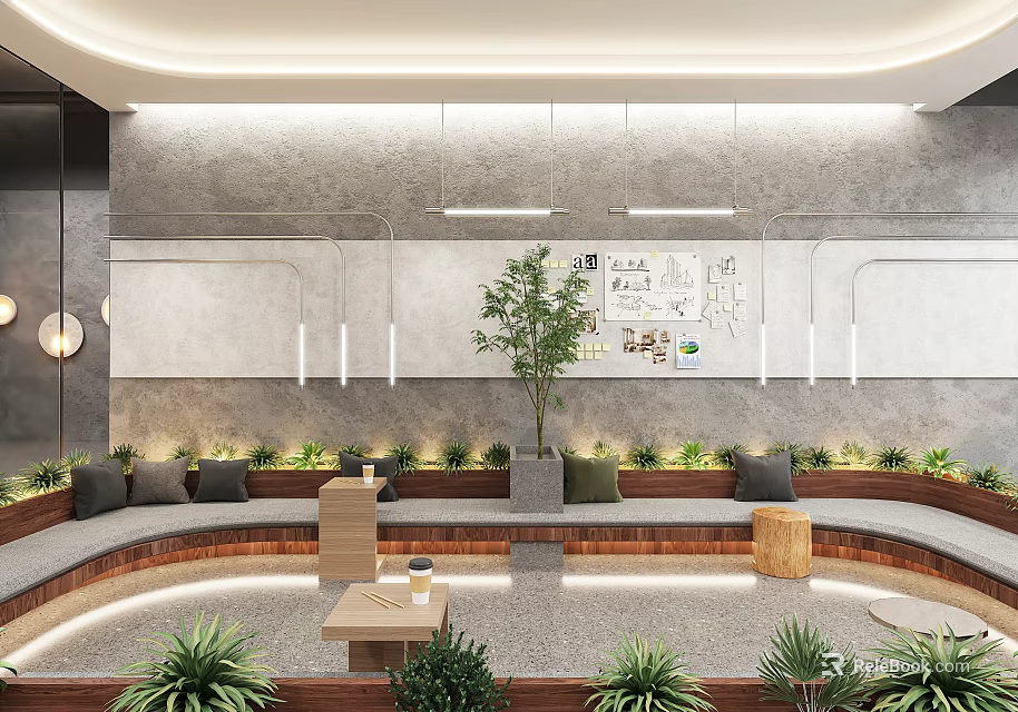 Stylish Café Interior With Circular Seating Green Plants And Wall Decor 3d model 