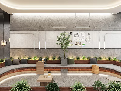 Stylish Café Interior With Circular Seating Green Plants And Wall Decor 3d model