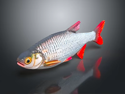 Silver Red Finned Fish With Shiny Body Yellow Eyes And Dark Background Reflection 3d model
