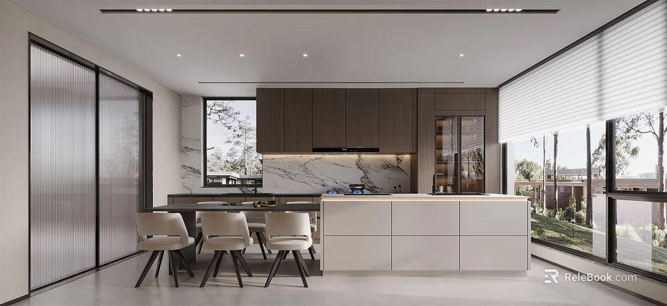 Modern Kitchen Interior Design With Brown Cabinets White Island And Marble Countertop 3d model 
