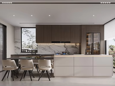 Modern Kitchen Interior Design With Brown Cabinets White Island And Marble Countertop 3d model