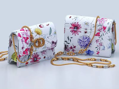 Two Stylish Floral Printed White Crossbody Bags with Gold Chain Straps 3d model