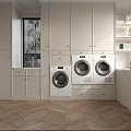 White Wardrobe Interior Design With Gold Handles Washing Machine Dryer And Wooden Floor