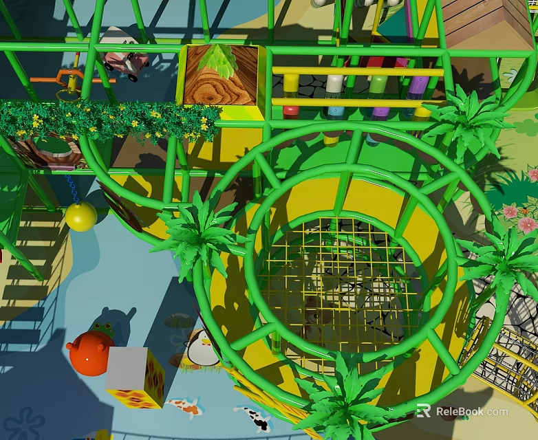 Colorful Commercial Kids Playground Equipment With Spiral Slide Climbing Net And Palm Trees 3d model 