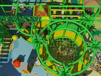 Colorful Commercial Kids Playground Equipment With Spiral Slide Climbing Net And Palm Trees 3d model
