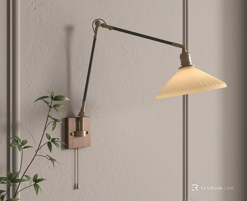 Adjustable Arm Wall Lamp in Bronze with Cream Lampshade on Gray Wall and Green Plant 3d model 