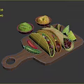 Freshly Made Tacos on Wooden Cutting Board with Guacamole Lime Slices and Chili Pepper
