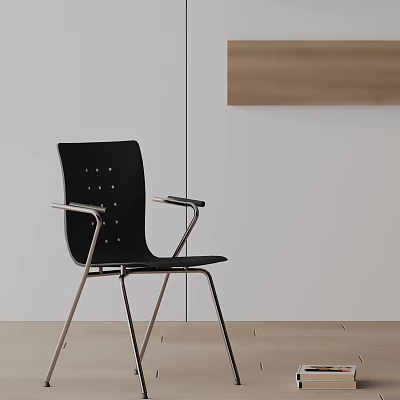 Modern Black Dining Chair With Metal Armrests Rivet Accents And Wooden Floor Background 3d model