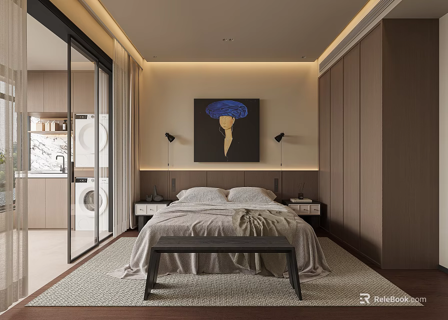 Modern Bedroom Interior Featuring Double Bed Blue Painting Bedside Lamps Wooden Wardrobes And Sliding Doors 3d model 
