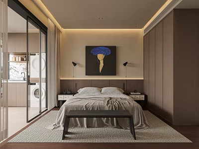Modern Bedroom Interior Featuring Double Bed Blue Painting Bedside Lamps Wooden Wardrobes And Sliding Doors 3d model
