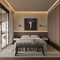 Modern Bedroom Interior Featuring Double Bed Blue Painting Bedside Lamps Wooden Wardrobes And Sliding Doors
