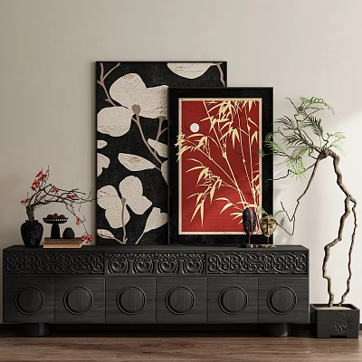 Traditional Chinese Home Decor With Red Bamboo Painting Black Carved Cabinet And Floral Branches 3d model