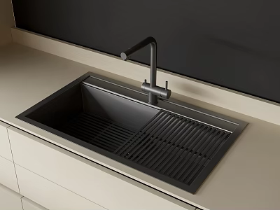 Sleek Black Kitchen Sink With Modern Faucet On Light Colored Countertop 3d model