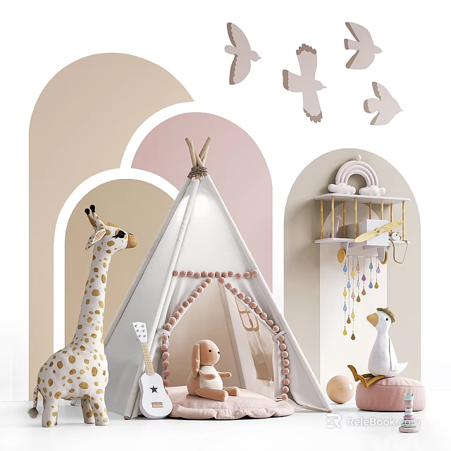 Playful Kids Room Decor Featuring Teepee Tent And Stuffed Animals 3d model 