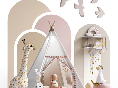 Playful Kids Room Decor Featuring Teepee Tent And Stuffed Animals 3d model