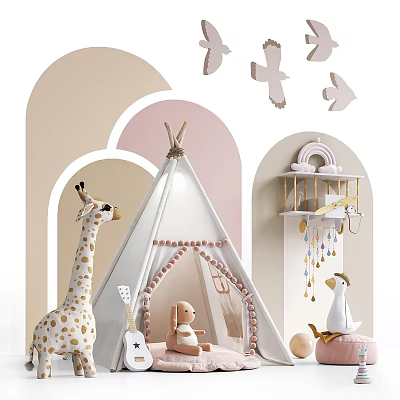 Playful Kids Room Decor Featuring Teepee Tent And Stuffed Animals 3d model