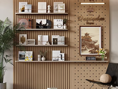 Wooden Layered Bookshelf With Books Decorative Items Framed Painting Indoor Plant And Black Chair 3d model