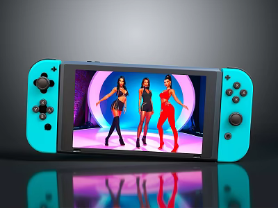 Blue Handheld Game Console Screen Showing Three Women Dancing On Stage With Colored Lights 3d model