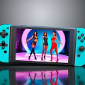 Blue Handheld Game Console Screen Showing Three Women Dancing On Stage With Colored Lights