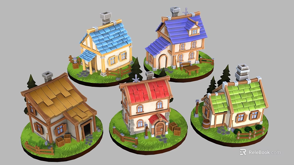 Cute Cartoon Houses Scenery With Colorful Roofs Trees Fences And Small Gardens 3d model 