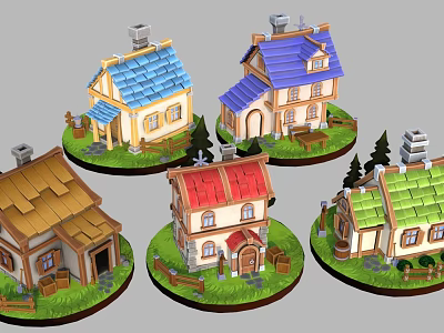 Cute Cartoon Houses Scenery With Colorful Roofs Trees Fences And Small Gardens 3d model