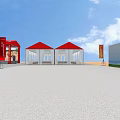 Decorative Red Canopies in Spacious Open Square with Blue Sky White Clouds 3d model