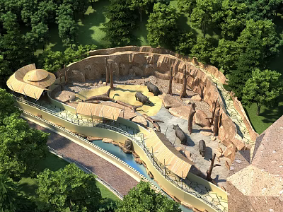 Wildlife Park Landscape with Rock Formations Water Pool Elephants Surrounded by Lush Green Trees 3d model