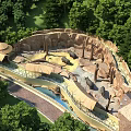 Wildlife Park Landscape with Rock Formations Water Pool Elephants Surrounded by Lush Green Trees