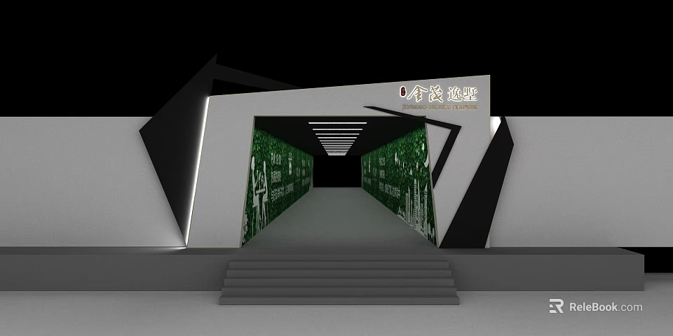 Modern Exhibition Hall Entrance With Steps Display Walls And Lighting Design 3d model 