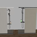 Vertical Stripe Shower Curtain In Modern Bathroom With Black Fixtures And Wooden Flooring