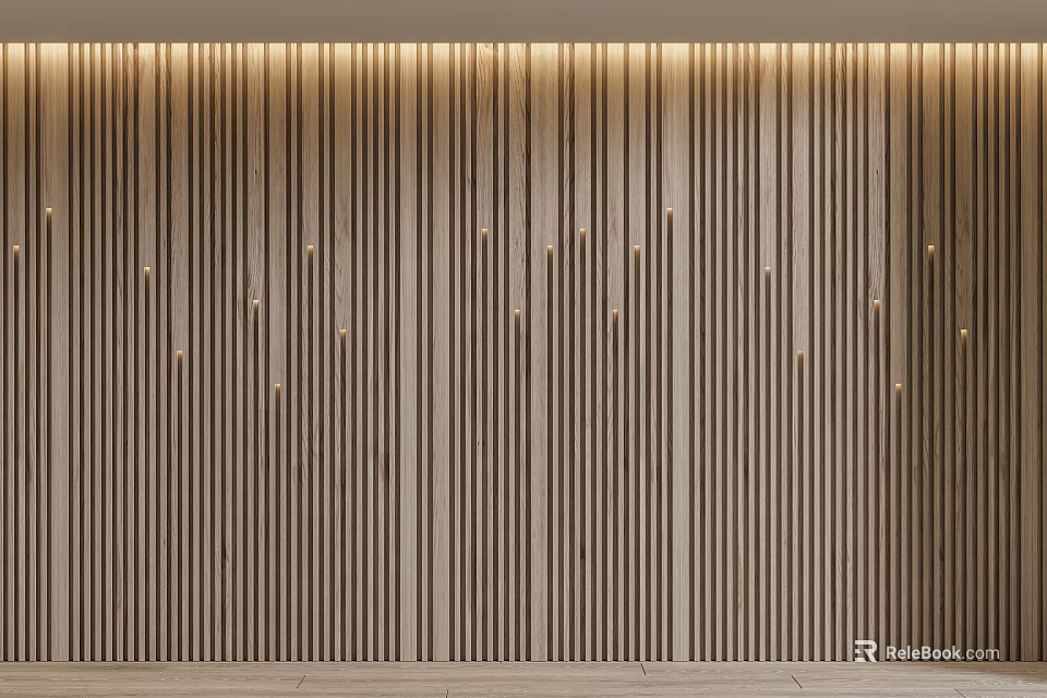 Modern Minimalist Wooden Accent Wall With Vertical Slats And Warm Embedded Lighting Design 3d model 