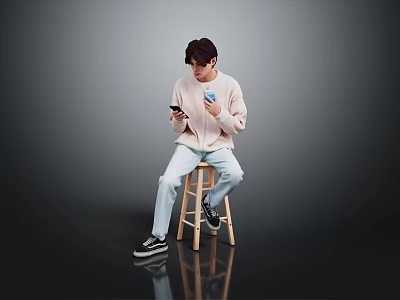Man Sitting On Wooden Stool Holding Phone And Blue Cup In Light Sweater 3d model