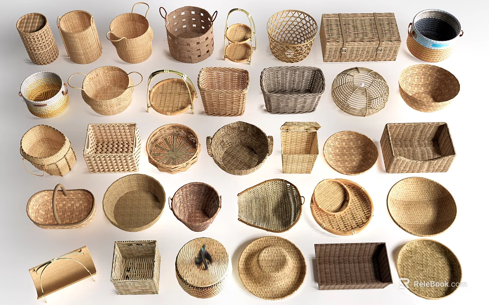 Collection of Woven Baskets in Various Shapes and Materials for Home Decor 3d model 