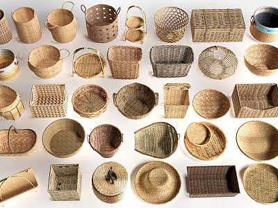 Collection of Woven Baskets in Various Shapes and Materials for Home Decor 3d model