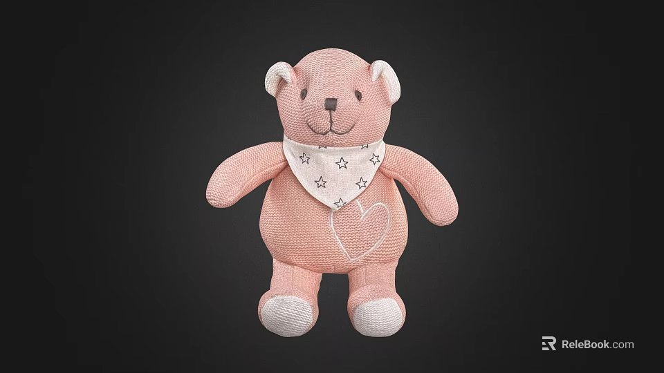 Pink Knitted Teddy Bear Doll With Star Patterned Bandana And Heart Design 3d model 