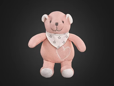 Pink Knitted Teddy Bear Doll With Star Patterned Bandana And Heart Design 3d model