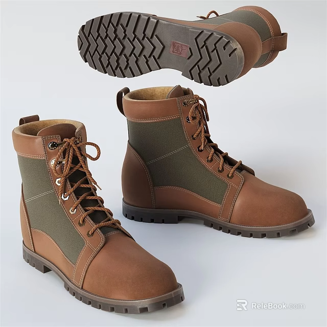 Brown and Green Laced Boots With Leather Fabric Upper And Treaded Rubber Sole 3d model 