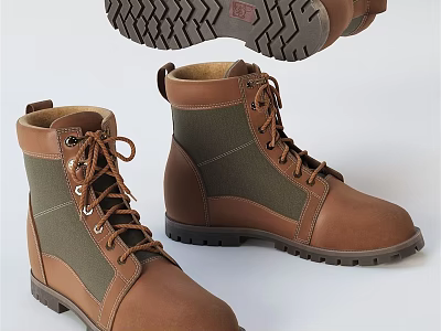 Brown and Green Laced Boots With Leather Fabric Upper And Treaded Rubber Sole 3d model