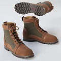 Brown and Green Laced Boots With Leather Fabric Upper And Treaded Rubber Sole