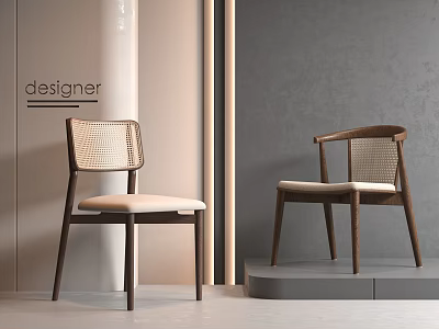 Pair Of Modern Leisure Chairs With Wooden Frame Woven Backrest And Light Cushion 3d model