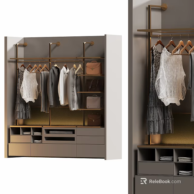 Modern Wardrobe Design Featuring Hanging Clothes Bags Drawers And Metal Shelves 3d model 