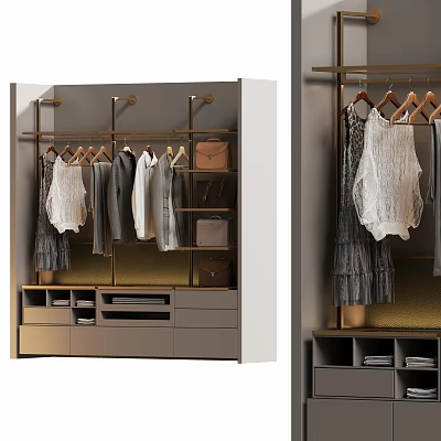 Modern Wardrobe Design Featuring Hanging Clothes Bags Drawers And Metal Shelves 3d model