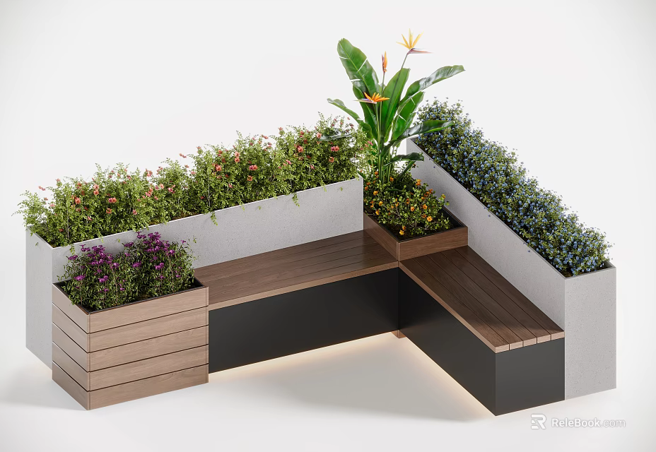 Decorative Flowers And Green Plants In Modern L Shaped Planter With Wooden Bench 3d model 