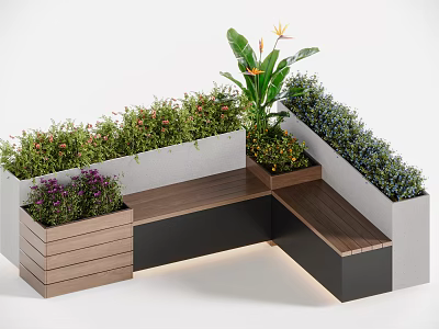 Decorative Flowers And Green Plants In Modern L Shaped Planter With Wooden Bench 3d model