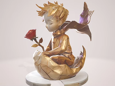 Golden Cherub Game Character Holding Red Rose With Purple Wings On Egg Shaped Base 3d model