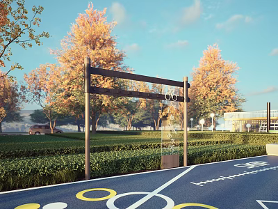 Autumn Park Landscape With Bicycle Lane Sign And Green Grass Areas 3d model